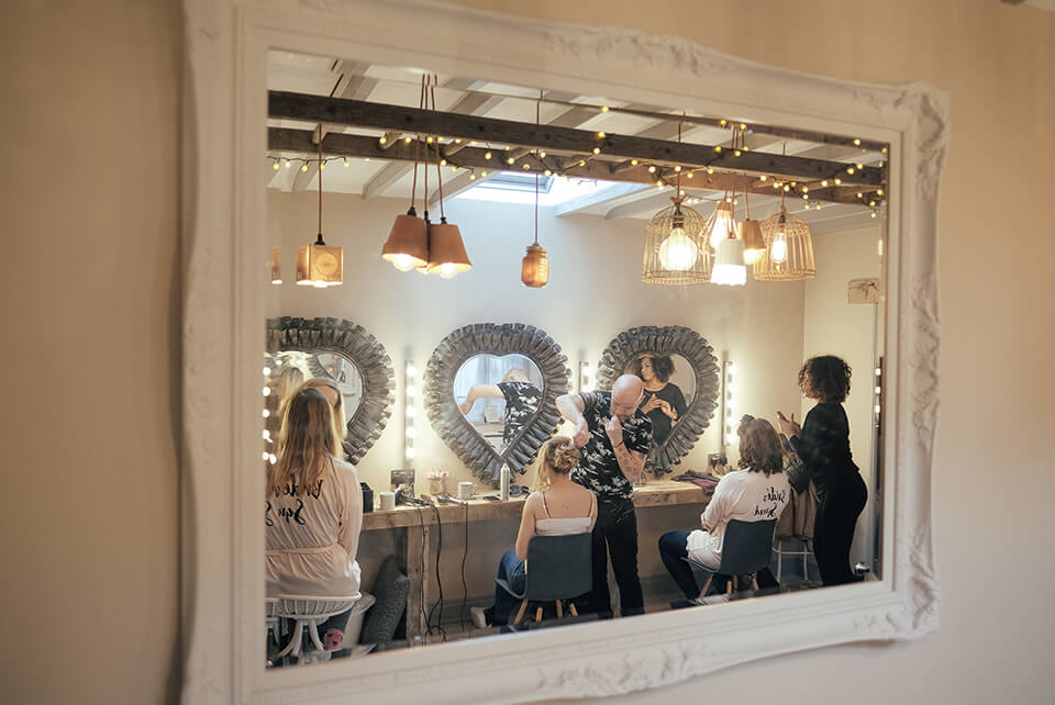 The bridal party get ready in the Potting Shed preparation area at Blackwell Grange